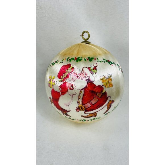 Vintage Stained White Silk Ball Christmas Tree Ornament Ives, Friend, Claus 3.5” - Picture 3 of 15
